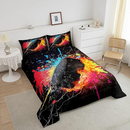 Erosebridal Hockey Bedding Set for Teen Boys Kids Winter Sports Queen Comforter Set Grunge Hippie Tie Dye Ball Bed Comforter Sets Red Blue Fire and Water Lightning Quilt Duvet Insert 2 Pillow Cases