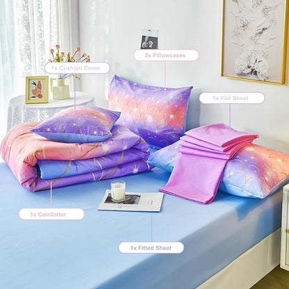 PERFEMET Full Size Mermaid Comforter Sets 6 Pieces Purple Ombre Girls Bedding Sets Tie Dye Rainbow Glitter Bed in A Bag for Kids Teens Girls Women