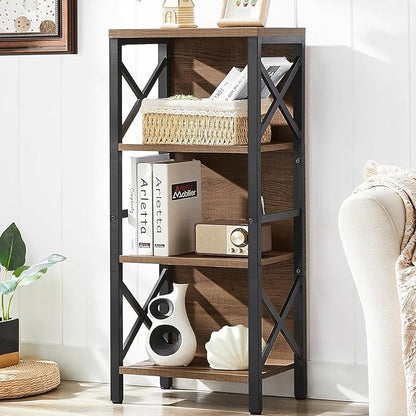 Bookcase, Industrial Small Bookshelf,4-Tier Narrow Bookcase Storage Organizer, Small Book Shelf for Small Spaces, Living Room, Bedroom and Home Office, Brown