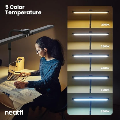 Neatfi LED Desk Lamp with 6-Level Brightness, Adjustable 2700~6500K Color Temperature, 14” Wide, Timer & Charging Port - Touch & Knob Control, 800 Lumens, Dimmable LED Table Light, 24W, CRI 85 (Black)