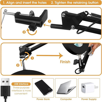 5X Magnifying Glass with Light and Stand, Real Glass Desk Lamp & Clamp, Craft Light Lamp with 3 Color Modes, LED Lighted Magnifier with Light for Hobby Reading Crafts Repair Close Works(Black)
