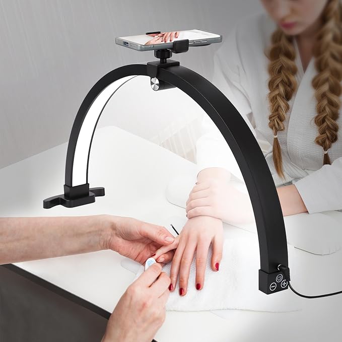 Small Nail lamp for Desk, Half Moon Light for Nail Desk with Touch Control, Portable Half Moon Nail lamp with Phone Holder (Black)