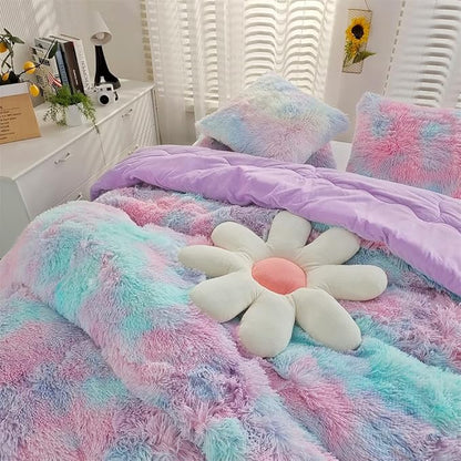 Faux Fur Kids Girls Purple Rainbow Comforter Sets Twin/Full - 3PC Bed Set Warm Comfortable Soft Plush Flannel Velvet Fluffy Fuzzy Bedding（Comforter x 1 Pillowcases x 2）