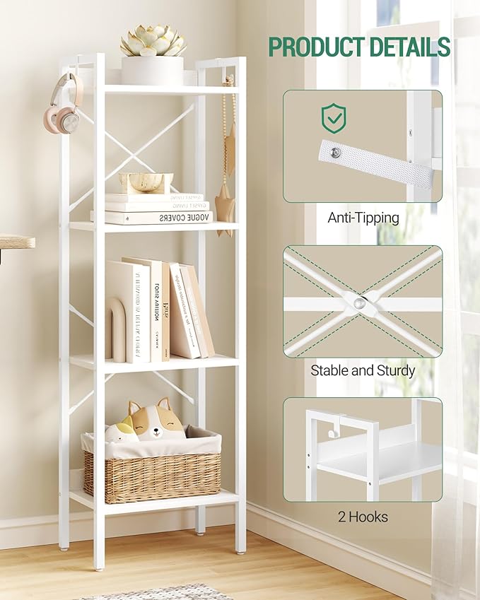 Bookshelf, Book Shelf, Industrial Bookcase with 2 Hooks, Coner Shelf Storage Organizer for Home Office, Living Room, Bedroom, Kitchen, 4-Tier White BC10413W
