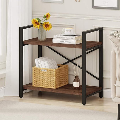 BON AUGURE Small Short Bookshelf, Wood 2 Shelf Etagere Bookcase, Metal Low Book Shelf for Small Spaces Living Room, Bedroom, Office (Rustic Oak)