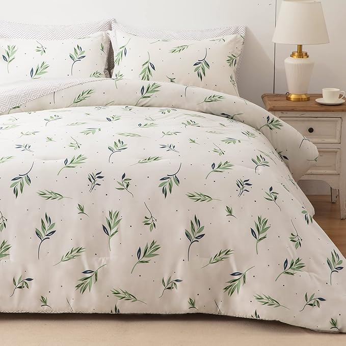 EMME Twin Comforter Set - Sage Green Floral Bedding Sets 5 PCS with Nature Leaves Pattern, Soft Leaf Printed Botanical Bed Set with Sheets, Fluffy Bed Bag for All Season(68"X90")