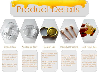 Adabocute Mini Honey Jars - Hexagon Little Glass Honey Jar with Gold Lids, Wooden Dippers, Bee Charms and Jutes - Small Honey Jars for Baby Showers, 20Pack
