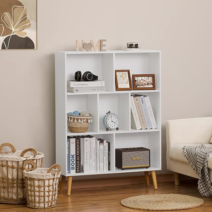 YAHARBO Small White Bookshelf,3 Tier Modern Kids Bookcase with Legs,5 Cube Wooden Bookshelves Storage Shelf,Book Shelves Organizer,Display Bookcases Cabinet for Room Nursery Study