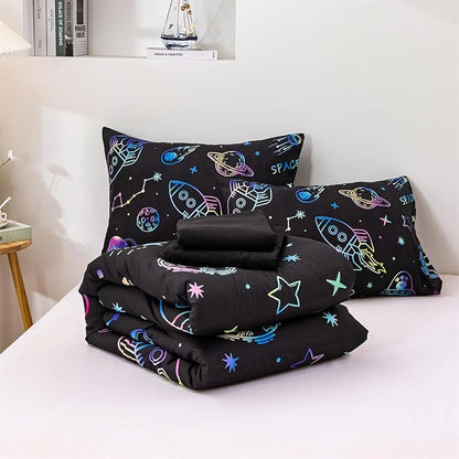 Aimuan Space Comforter Twin Set Kids Rocket Bedding Set Super Soft & Cute Aliens UFO Printed for Boys Girls Teen (Black, Full 5Pcs)