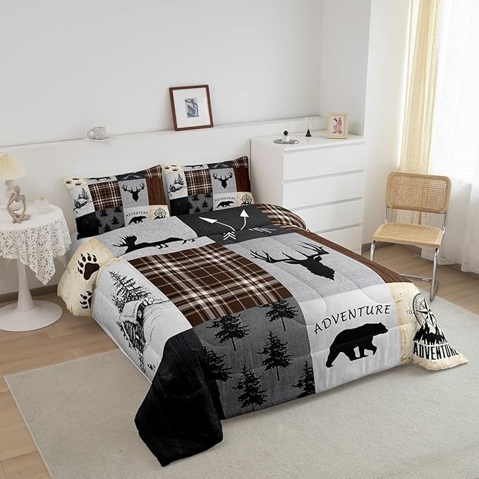 Deer Antler Comforter Set King Size,Bear Paw Pine Trees Rustic Farmhouse Bedding Set for Boys Girls Adults Room Decor,Geometric Plaids Arrows Down Comforter,Brown Retro Duvet Insert,2 Pillowcases