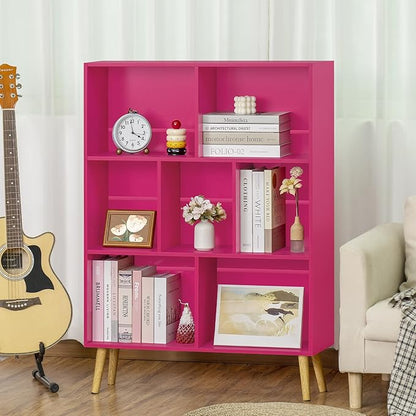 LEYAOYAO 7 Cube Bookshelf,3 Tier Book Shelf with Legs,Pink Modern Bookshelf,Large Freestanding Open Toy Modern Bookshelves,Display Bookcases Decor Furniture for Nursery