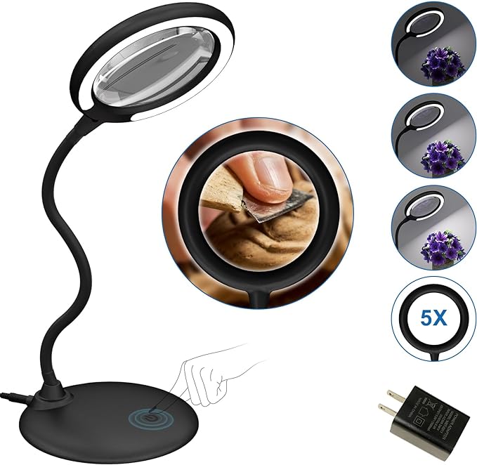 Magnifying Glass with Light and Stand, 5X Desk Magnifying Desk Lamp, Table Magnifier Lamp for Senior Close Work Reading Crafts