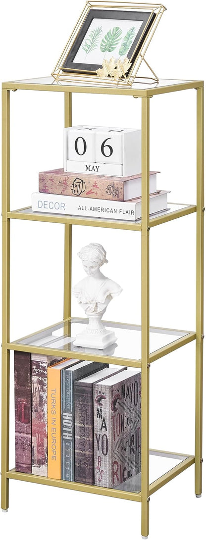 4-Tier Bookshelf,Metal Bookcase,Tempered Glass Shelves,Storage Rack Shelf for Home Office,Living Room,Bedroom, Bathroom,Modern Style,Golden