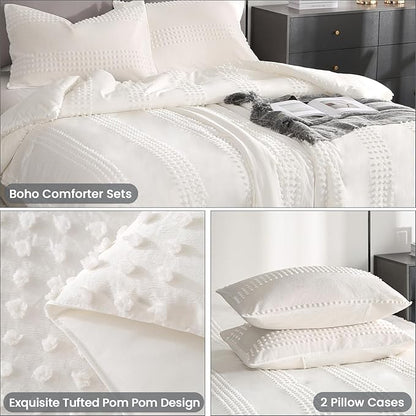 ENJOHOS Girls Twin Bedding Set White Twin XL Comforter, 3 PCS Boho Comforter with Tufted Dots, Shabby Chic Bedding Comforter for All Season, Lightweight Fluffy Microfiber Comforter with 2 Pillowcases