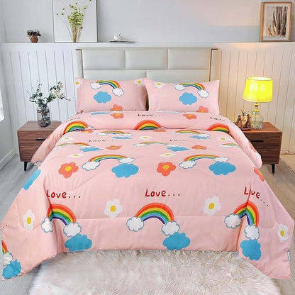 3PCS Rainbow Comforter Set Queen, Cute Pink Queen Size Flower Cloud and Rainbow Comforter Aesthetics, Super Soft and Comfort Microfiber, Kawaii Girls’ Bedroom Decor for Kids, Teens, Children, Women