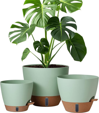 12/10/8 Inch Self Watering Pots for Indoor Plants Plastic Large Plant Pot for Outdoor Plants, Water Level Window & Spacious Reservoir Flower Pots Decorative Planter with Drainage and Tray (Green)