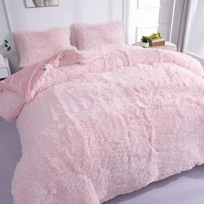 Faux Fur Kids Girls Light Pink Comforter Sets Queen - 3PC Bed Set Warm Comfortable Soft Plush Flannel Velvet Fluffy Fuzzy Bedding（Comforter x 1 Pillowcases x 2）