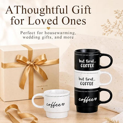 10oz Stackable Coffee Mugs Set of 4, Modern Ceramic Coffee Mug | Coffee Cup for Man, Woman, Dad, Coffee Mug Set for Hot Drinks, Coffee, Cocoa & Tea, Latte Mugs Cup Set for Home & Office Use