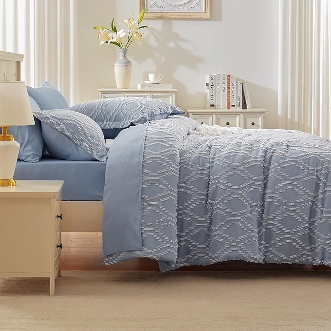 EMME Twin Comforter Set - 5 Pcs Blue Boho Bedding Sets, Twin Size Tufted Comforter with Sheets, Shabby Chic Embroidery Bed Set Fluffy Bed Bag for All Season(68"X90")