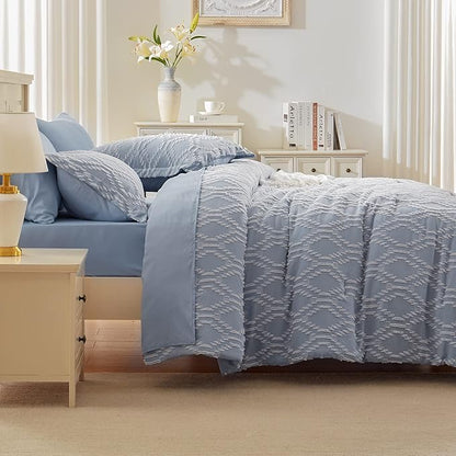 EMME Queen Comforter Set - 7 Pcs Blue Boho Bedding Sets, Full Size Tufted Comforter with Sheets, Shabby Chic Embroidery Queen Bed Set Fluffy Bed Bag for All Season(90"X90")