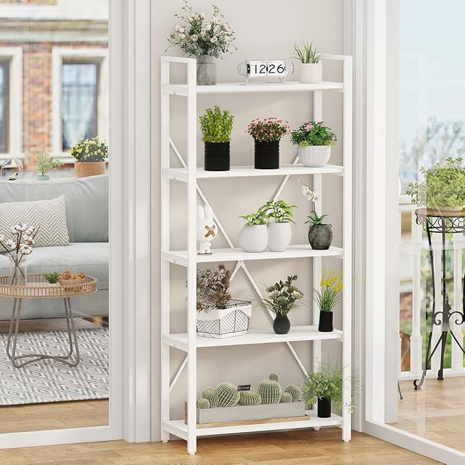 FATORRI 5 Tier Bookshelf, Metal and Wood Bookcase, Etagere Book Shelf for Display, Modern Shelving Unit Tall Book case for Home Office, Living Room, Bedroom (White Oak)