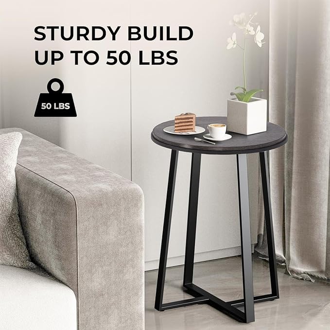 Round End Table, Small Side Table Grey Color MDF Top, Metal Frame Black, Tall End Side Table for Bed Room, Coffee Tea End Table for Living Room(Round Grey)