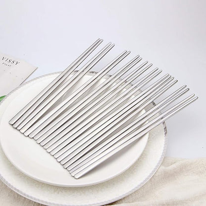 IQCWOOD Metal Chopsticks,10 Pairs 304 Stainless Steel Flat Chopsticks, 8.66 Inch Dishwasher Lightweight Korean Chopsticks Set Reusable Classic Style for Dinner