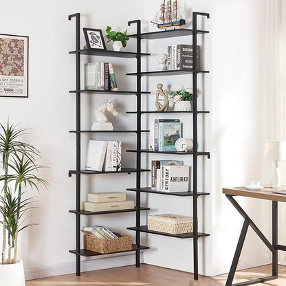 HOMISSUE Corner Bookshelf, 12-Tier L Shaped Bookshelf, Double Wide Corner Wall Mount Bookcase with Metal Frame and Wood, Modern Industrial Corner Shelf for Living Room, Kitchen, Home Office Black