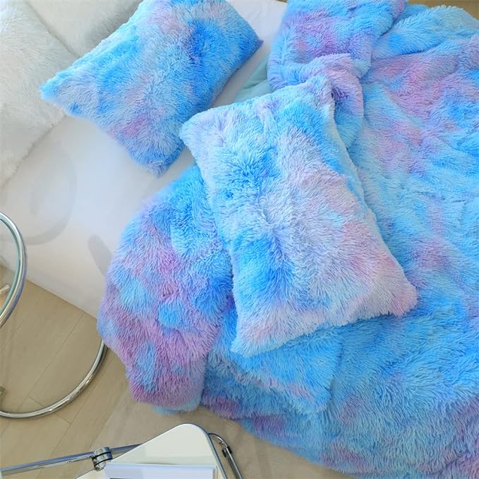 Faux Fur Kids Girls Blue Rainbow Comforter Sets Queen - 3PC Bed Set Warm Comfortable Soft Plush Flannel Velvet Fluffy Fuzzy Bedding（Comforter x 1 Pillowcases x 2）