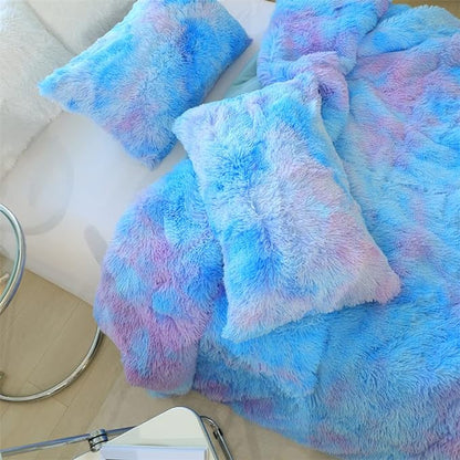 Faux Fur Kids Girls Blue Rainbow Comforter Sets King - 3PC Bed Set Warm Comfortable Soft Plush Flannel Velvet Fluffy Fuzzy Bedding（Comforter x 1 Pillowcases x 2）