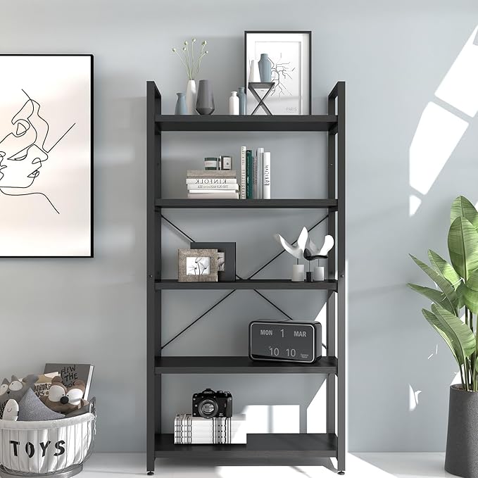 Panana 5 Tier Industrial Rustic Wooden Bookshelves, Vintage Open Wood and Metal Farmhouse Bookshelf Heavy Duty Storage Shelving Unit Rack (Black)