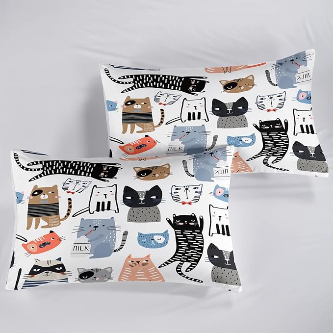 CVHOUSE Cat Bedding,Cartoon Cat Comforter Twin,Animals Print Comforter Set for Kids,Kawaii Quilt Set with 1 Comforter and 2 Pillow Cases
