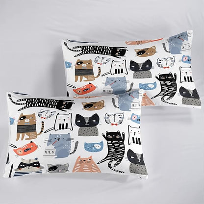 CVHOUSE Cat Bedding,Cartoon Cat Comforter Queen,Animals Print Comforter Set for Kids,Kawaii Quilt Set with 1 Comforter and 2 Pillow Cases