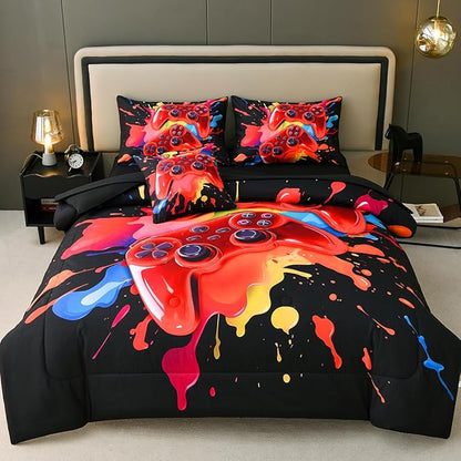 Gamer Comforter Set for Boys Kids, 6 Pcs Bed in a Bag Game Controller Boys Bediing Set Twin Size for All Season