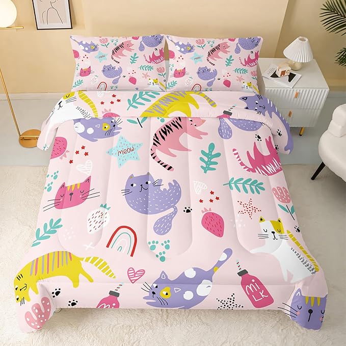 Kawaii Cats Comforter Twin Size,Pink Cats Kids Comforter Set,3Pcs Bedding Set Printed Comforter with 2 Pillowcases,Down Alternative,Soft and Lightweight,for All Seasons