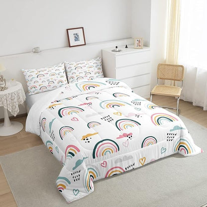 Erosebridal Rainbow Bedding Set for Kids Girls, Pink Love Heart Comforter Set Twin Size Cartoon Cloud Geometric Stripes Bedding Comforter for Boys Children Women Watercolor Art Girly Duvet Sets