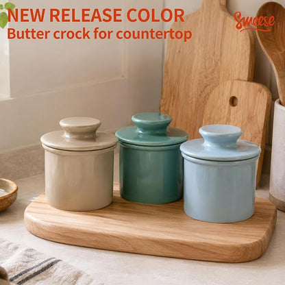Sweese Counter with Water Line for Fresh Spreadable Butter - French Butter Keeper with Lid - Housewarming Gift For The One Who Has It All - Bluish Grey