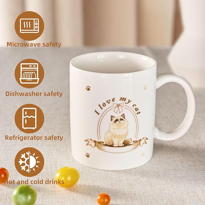 12Oz Cute Ragdoll Cat White Ceramic Mug, Mug for Daily Coffee and Tea, Lead-free Microwave and Dishwasher Safe Coffee Mug, Perfect gifts for Cat Lovers
