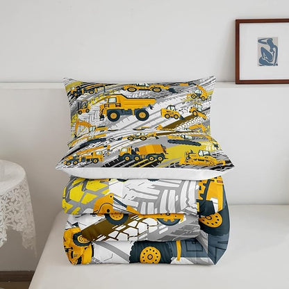 Boys Construction Comforter Set Truck Bedroom Decor for Kids Girls Under Construction Vehicles Down Comforter Nursery Children Cartoon Machinery Truck Excavator Bedding Tractor Cars Duvet Quilt,Full
