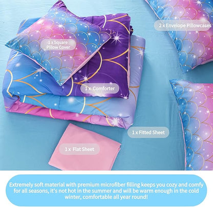 RYNGHIPY 6Pcs Teal Pink Sparkle Mermaid Comforter Sets Queen Size, 3D Rainbow Glitter Girls Bedding Sets, Ombre Pastel Fish Scale Bedding Collection Sets