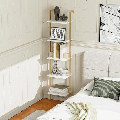 NUMENN Industrial Ladder Shelf, 5 Tier Book Shelf, Open Space Wall Mount Bookshelf with Metal Frame, Sturdy Book Shelves, Bookcase for Living Room, White and Gold