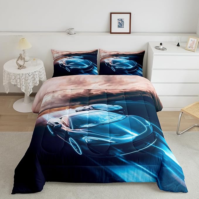 Erosebridal King Size Comforter Set for Boys Race Car Bedding Bedroom Decor, Sports Car for Boys Girls Teen Kids Children Car Racing Gifts, Race Cars Bed Set,Blue Black
