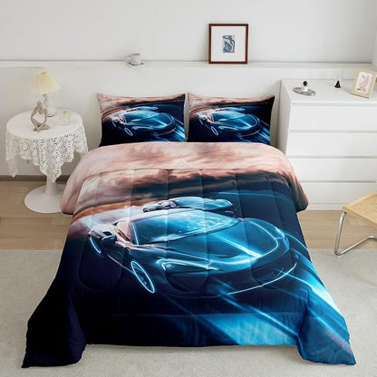 Erosebridal Sports Car Queen Comforter Set, Racing Car Cool Speed Bedding 3pcs for Kids Boys Teens Bedroom Decor, Race Car Blue and Black Print Bedding Comforters & Sets, 1 Comforter 2 Pillowcases