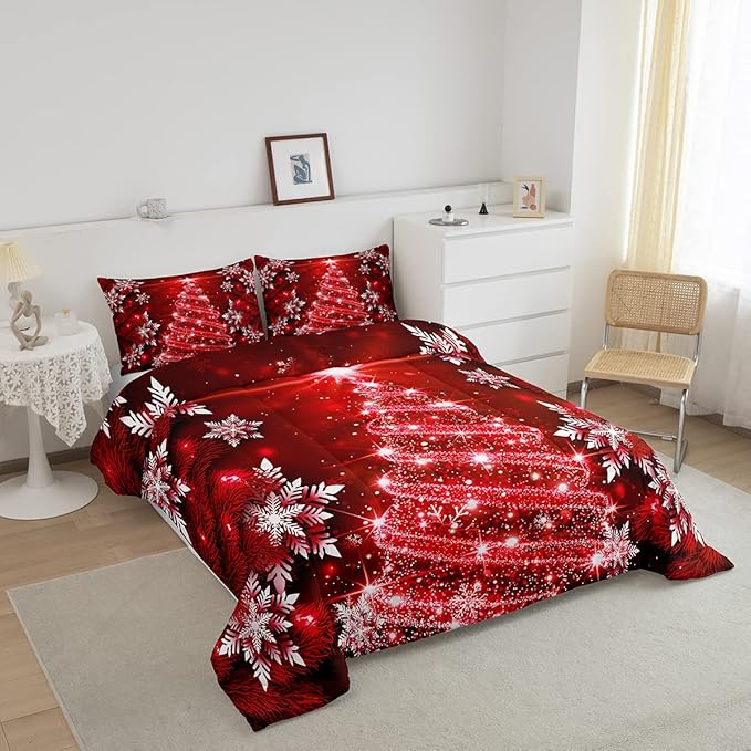 Feelyou Christmas Tree Comforter Set for Children Kids Boys Girls Luxury Chic Xmas Theme Bedding Set Glitter Snowflake Star Comforter Microfiber Red Duvet Set Room Decor Quilt Set Queen Size