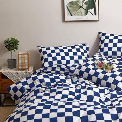 Royal Blue White Grid Comforter Set King Royal Blue Plaid Bedding Set Women Royal Blue and White Checkered Bed Comforter Set Breathable Blanket Set Men Durable Bedding Comforter Set