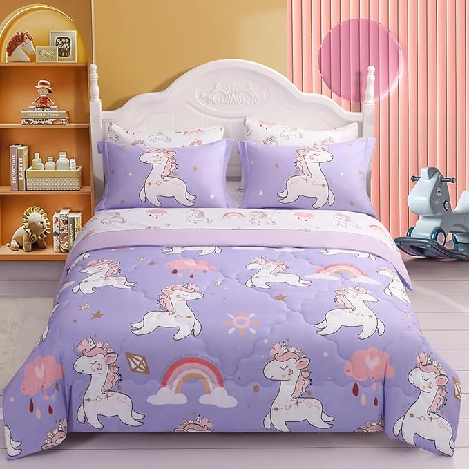 Wajade Kids Purple Unicorn Comforter Set Bed in A Bag Twin Size 7 Piece Cute Unicorn Rainbow Clouds Bedding Set for Girls (1 Comforter, 1 Flat Sheet, 1 Fitted Sheet, 2 Pillowcase and 2 Pillow Sham)