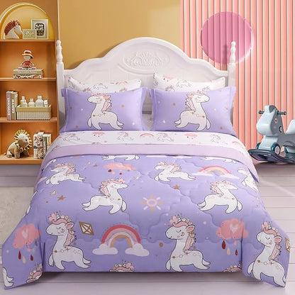 Wajade Kids Purple Unicorn Comforter Set Bed in A Bag Twin Size 7 Piece Cute Unicorn Rainbow Clouds Bedding Set for Girls (1 Comforter, 1 Flat Sheet, 1 Fitted Sheet, 2 Pillowcase and 2 Pillow Sham)