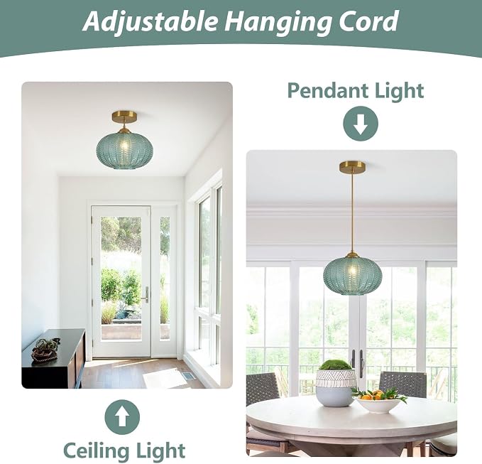 KCO Lighting Green Glass Chandelier Vintage Gold Pendant Light Large Green Ribbed Ceiling Light Antique Brass Hanging Light Mid Century Modern Pendant Lights Kitchen Island