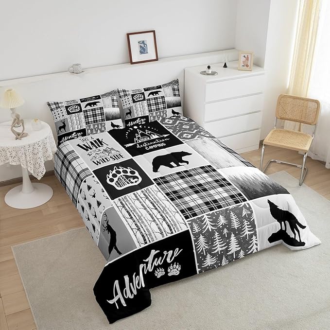 Manfei Deer Bear Comforter Set Twin Size,Pine Trees Christmas Bedding Set for Kids Boys Girls Adults Room Decor,Camping Adventure Rustic Farmhouse Down Comforter,Black Retro Duvet Insert,1 Pillowcase