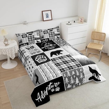 Manfei Deer Bear Comforter Set Twin Size,Pine Trees Christmas Bedding Set for Kids Boys Girls Adults Room Decor,Camping Adventure Rustic Farmhouse Down Comforter,Black Retro Duvet Insert,1 Pillowcase